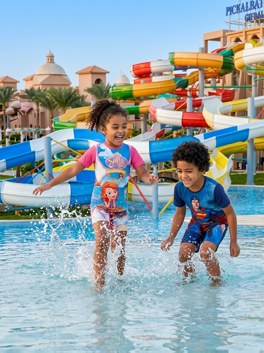 Kids at the waterpark in Shark swim suits