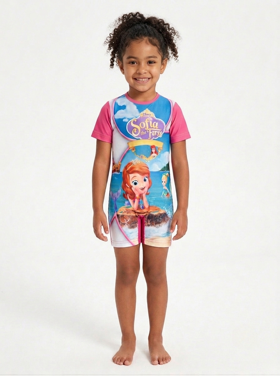 Young athlete wearing the Sofia the First swimsuit