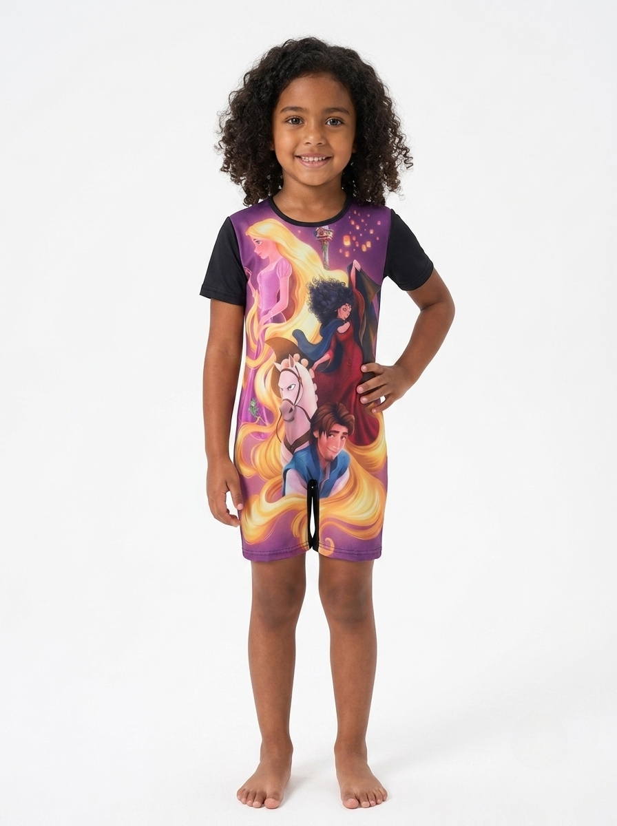 Young athlete wearing the Rapunzel Tangled swimsuit